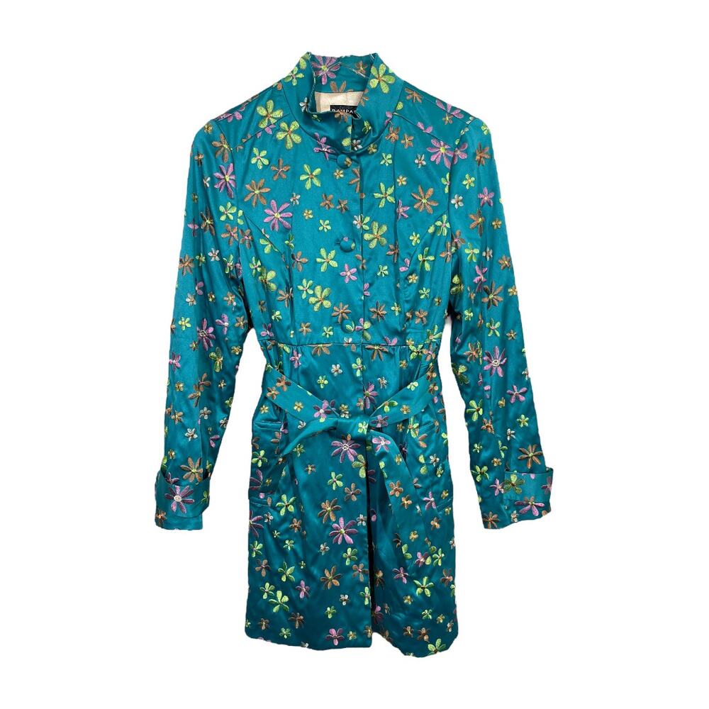 Vintage Y2K Rampage Embroidered Satin Belted Jacket Medium Blue Floral Hippie - Picture 1 of 8